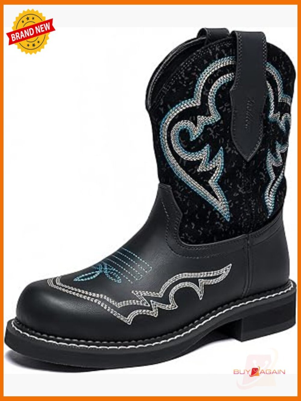 Embroidered Cowboy Boots Mid Calf Wide Toe Slip-On Rubber Sole